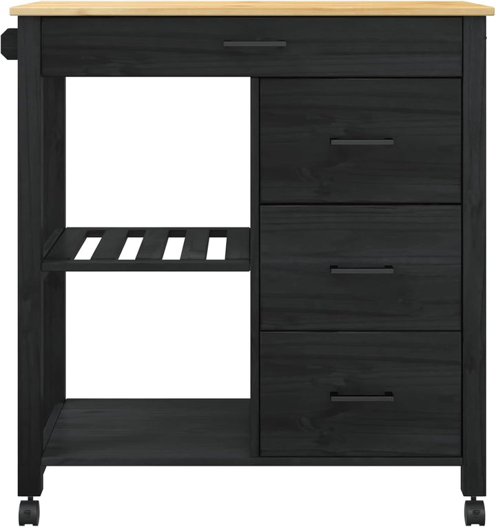 vidaXL Küchentrolley Monza Schwarz 84 x 40 x 88,5 cm Massivholz Kiefer, Schwarz