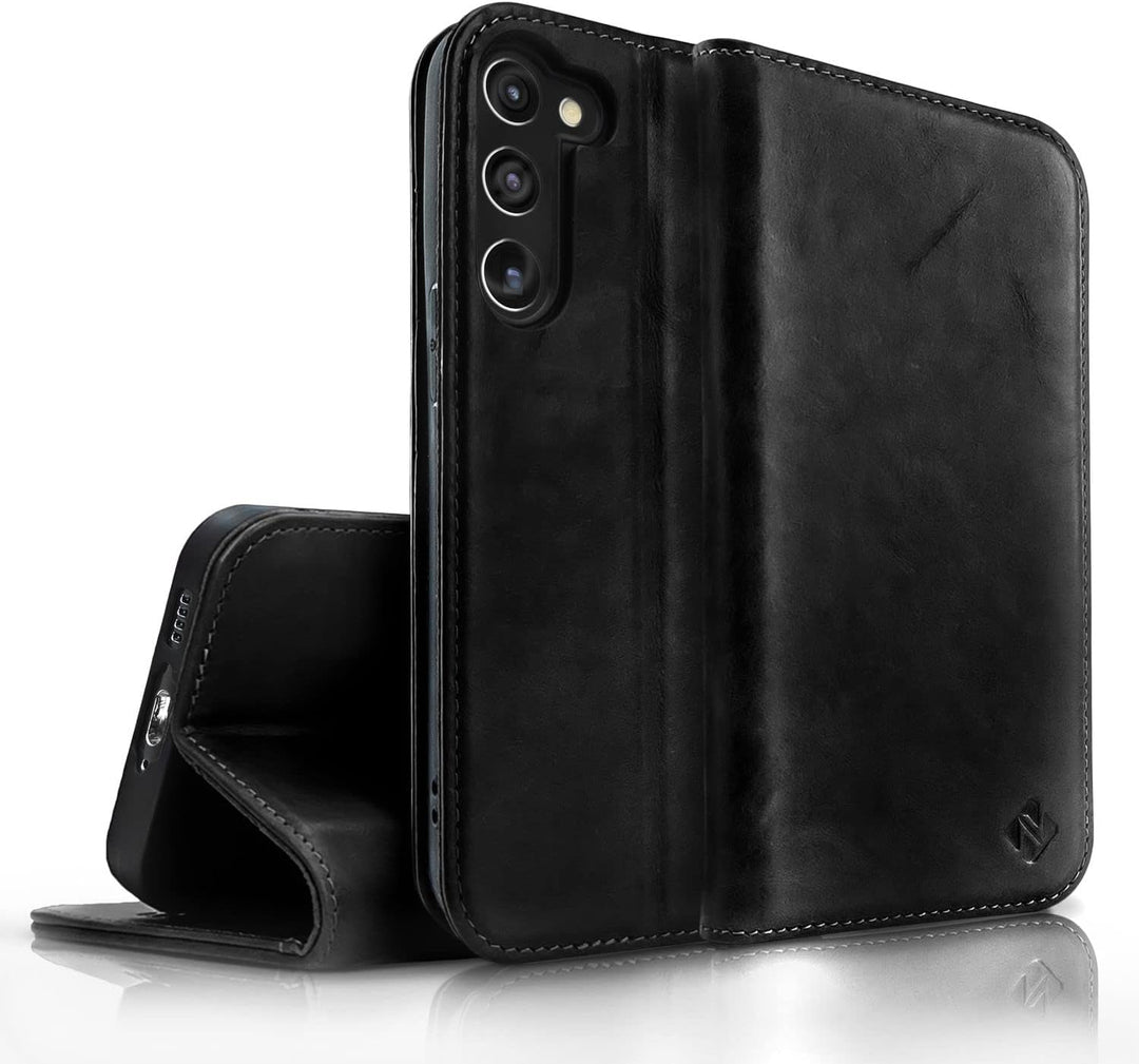 NALIA Echt-Leder Flip-Case kompatibel mit Samsung Galaxy S23 Plus Hülle, 360 Grad Bookcase, RFID-Sch