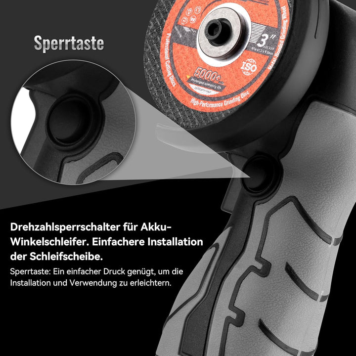 Winkelschleifer TEENO 19.500 U/min – kabellose Schleifmaschine, 76 mm, Komplettset mit 2 Akkus 2000
