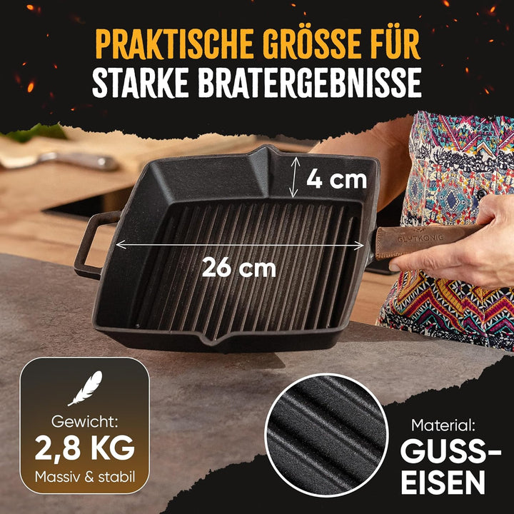 Grillpfanne Gusseisen 26 cm emailliert, voreingebrannt [Kein Einbrennen erforderlich], Steakpfanne g