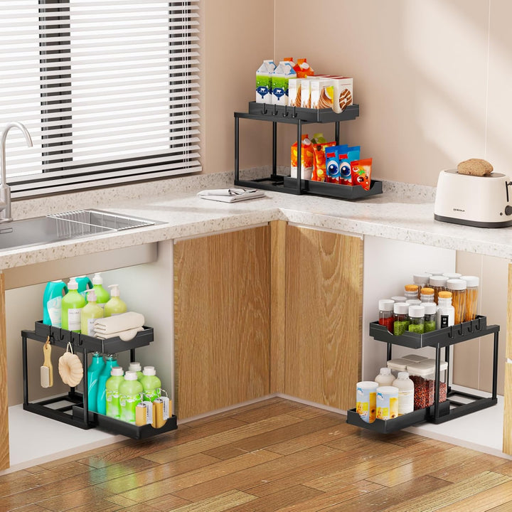ARSTPEOE Küchen Organizer - Unter Waschbecken Regal - 2 Etagen Schrank Organizer mit 4 Haken, Schubl