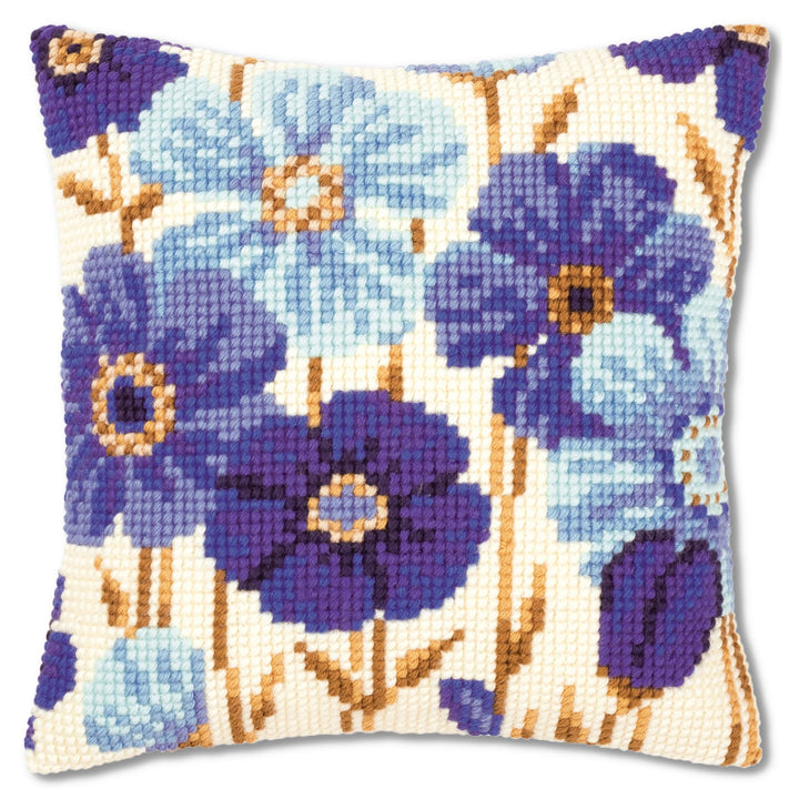 Vervaco VER Kreuzstichkissen Anemonen in Blau, Baumwolle, Mehrfarbig, 40 x 40 x 0.3 cm
