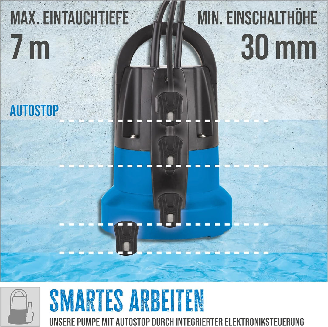 Güde 94627 GFS 401 S Flachsaugerpumpe Tauchpumpe Kellerpumpe (400W, 7000l/h, 8m Förderhöhe, 1mm max.
