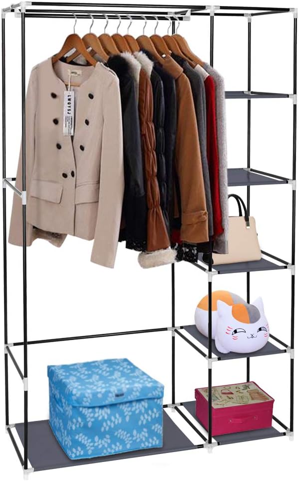 LEADZM Kleiderschrank, Stoffschrank, Garderobe Faltschrank mit Kleiderstange und Ablagen, Stabiler S