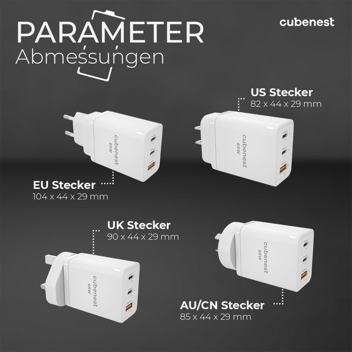 CubeNest 65W Reise PD Ladegerät, 2-Port USB C + USB A, PD 3.0, mit GaN Tech USB C Netzteil, Schnelle