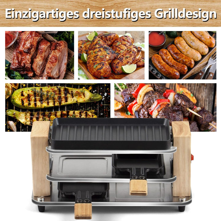 Raclette Grill 2 Personen mit Antihaft beschichteter gestreifter Grillplatte, Mini Grill Raclette mi