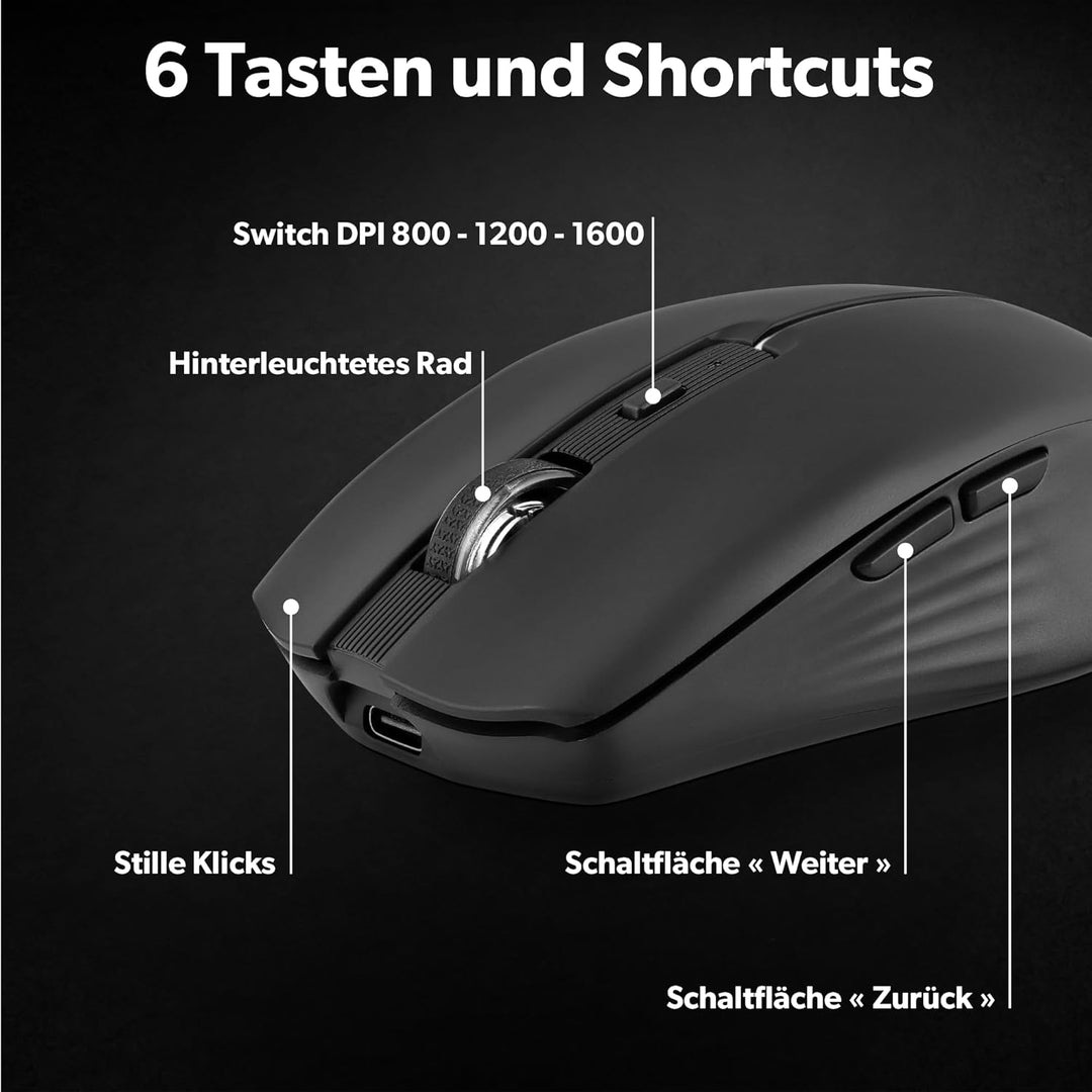 T'nB Kabellose Maus, Dual Mode Bluetooth und USB-A, Wiederaufladbar, Lange Akkulaufzeit, Leise, 1600