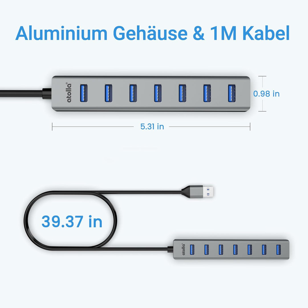 USB Hub 3.0 7-Port mit 100cm Kabel, USB Verteiler Aluminium Hub mit Mehrfach USB3.0 5Gbps Data und 5
