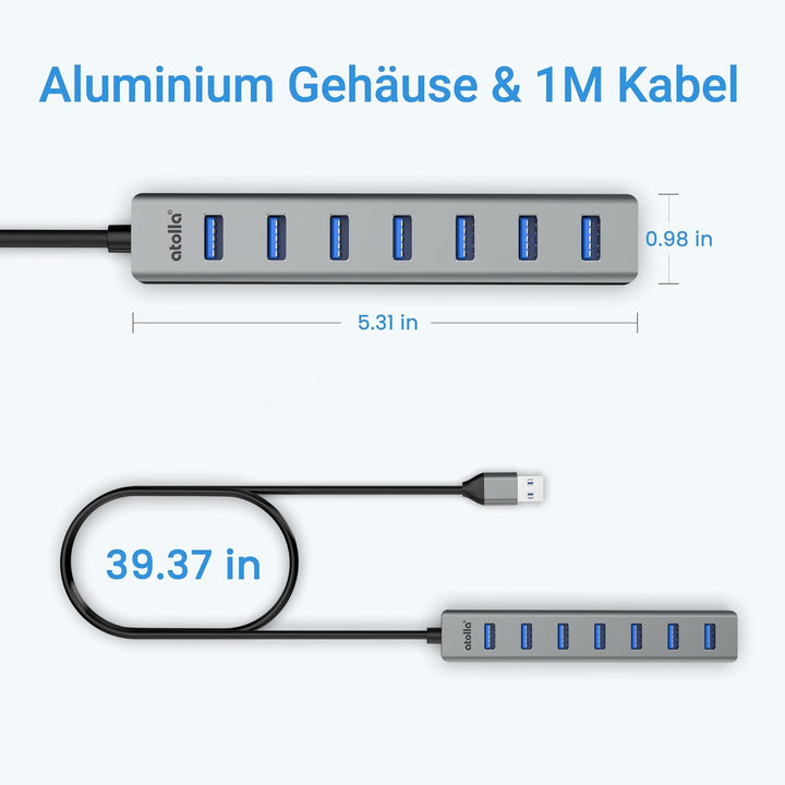 USB Hub 3.0 7-Port mit 100cm Kabel, USB Verteiler Aluminium Hub mit Mehrfach USB3.0 5Gbps Data und 5