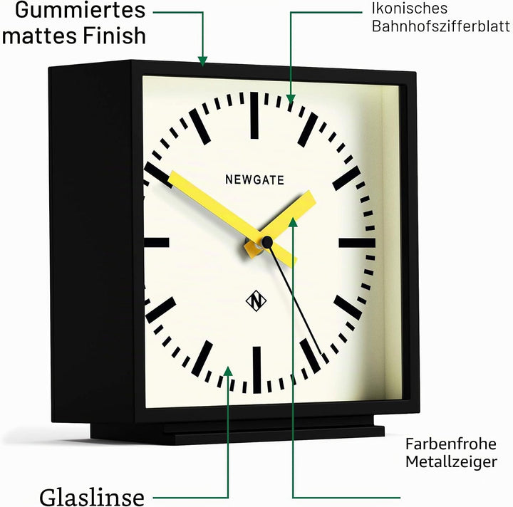 NEWGATE® Amp Schreibtisch Uhr | Quadratische bahnhofsuhr Design | Schwarzes gehäuse mit gelben zeige