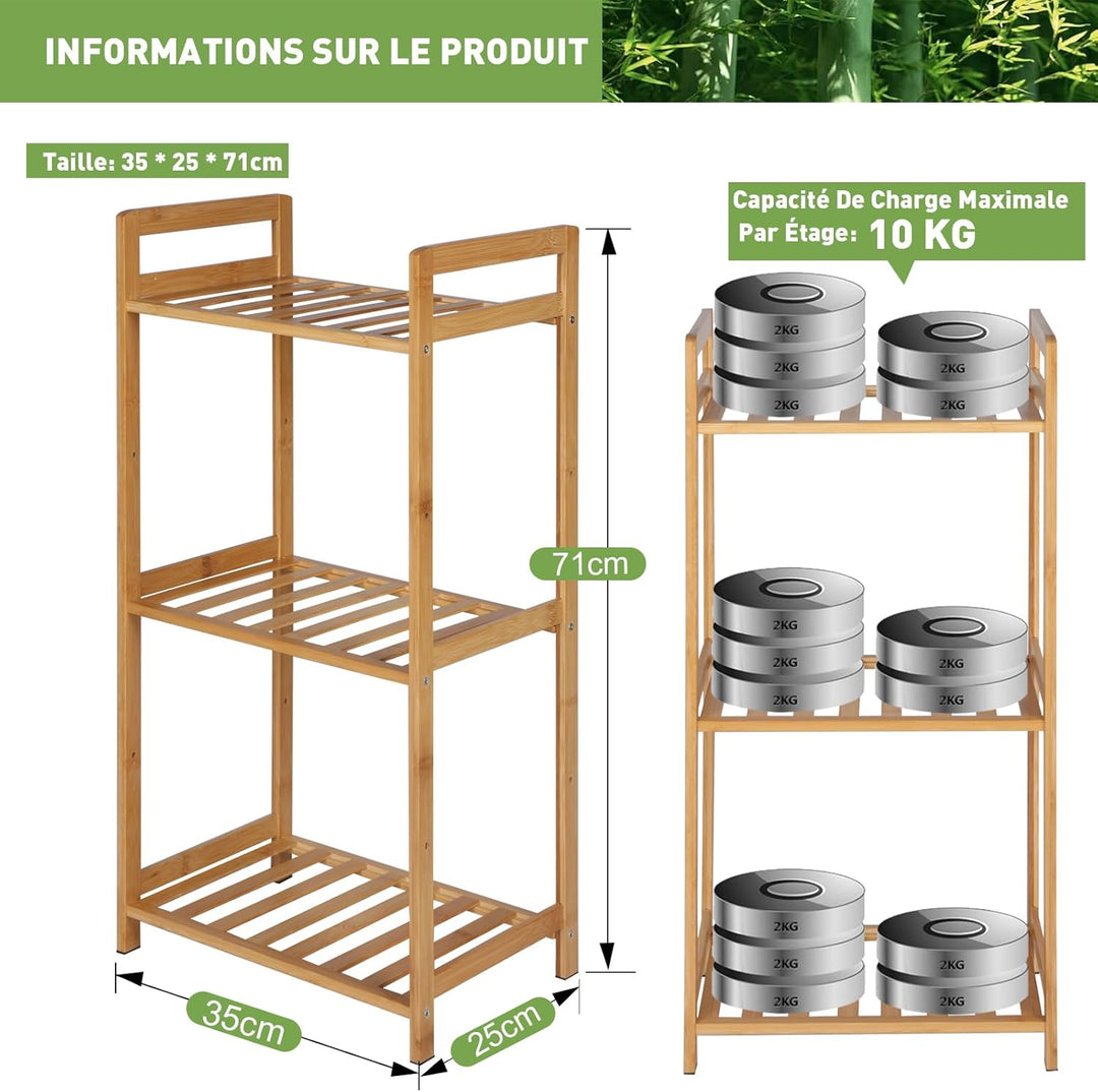 PACHIRA Standregal mit 3 Ablagen, 35 x 25 x 71 cm Bambusregal, Stehendes Lagerregal Aus Bambus, Als