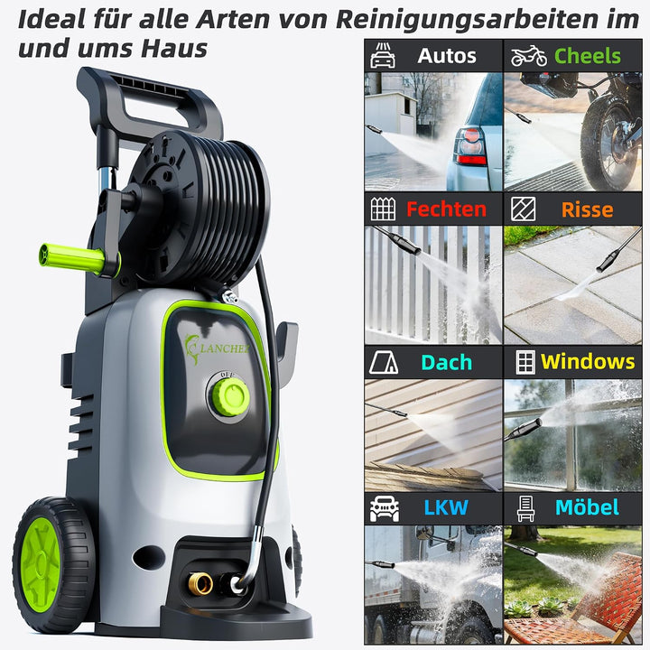 LANCHEZ Hochdruckreiniger 600 l/h 200bar, 7-in-1-Zubehör Kit 500ml Schaumsprüher, Schnellkupplungen,