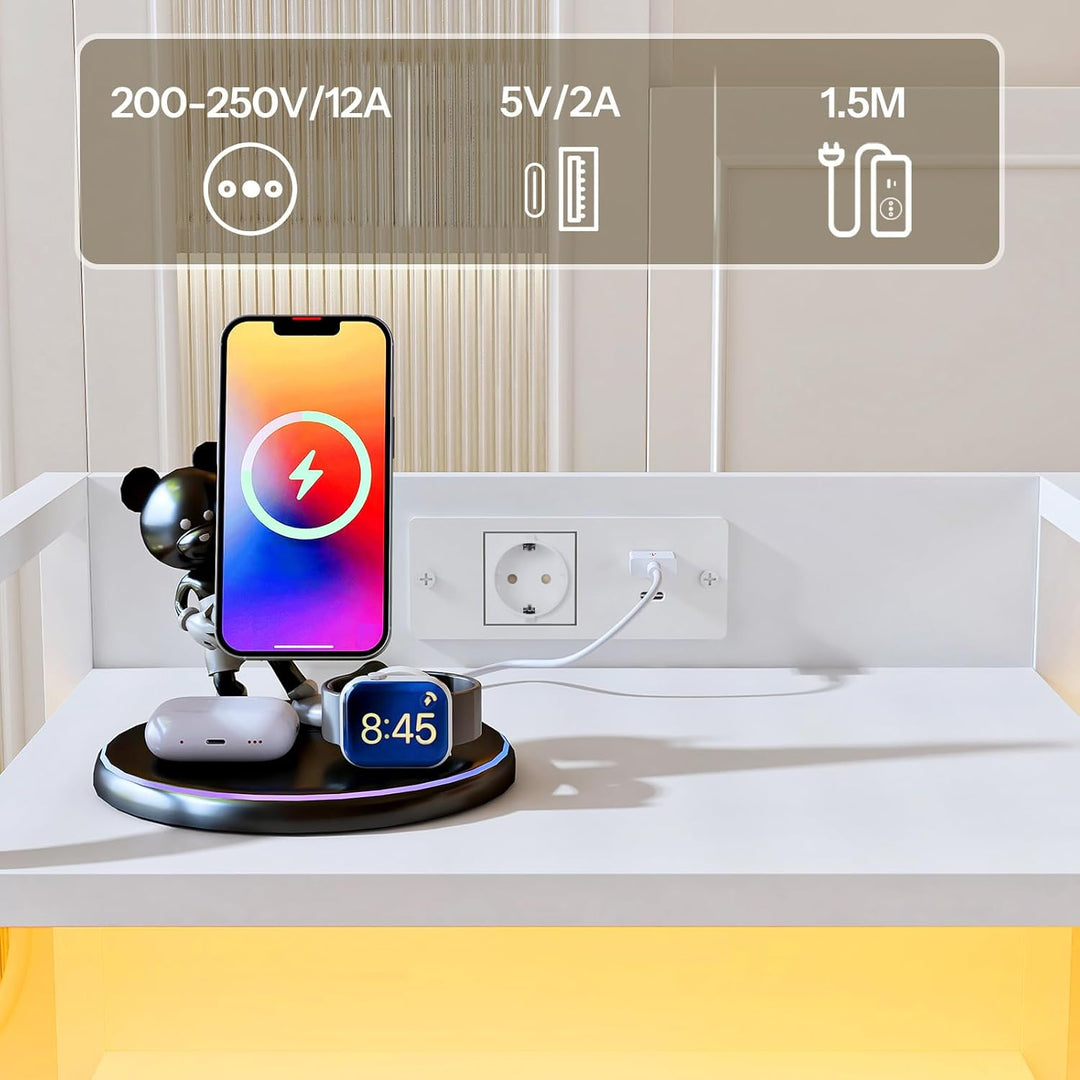 HOOBRO Nachttisch mit 2 Schubladen, Beistelltisch mit Ladestation und dimmbarer LED-Beleuchtung, Sof