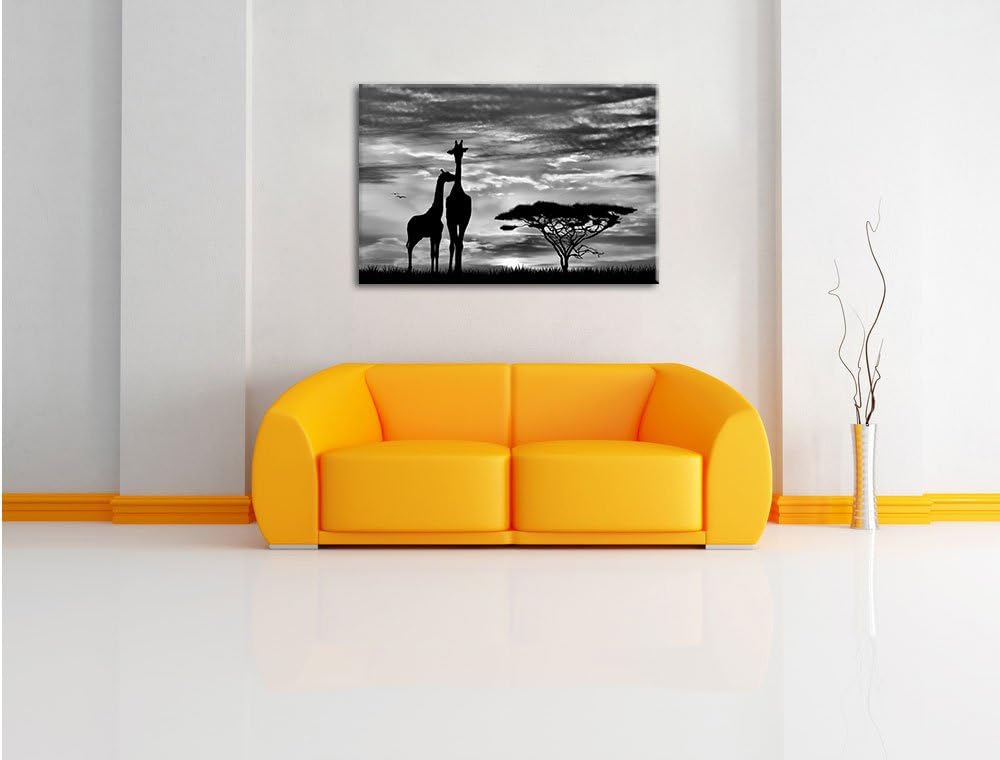 Pixxprint Giraffen im Sonnenuntergang / 100x70cm Leinwandbild bespannt auf Holzrahmen/Wandbild Kunst