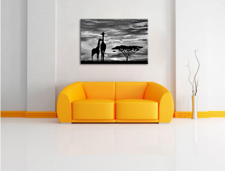 Pixxprint Giraffen im Sonnenuntergang / 100x70cm Leinwandbild bespannt auf Holzrahmen/Wandbild Kunst