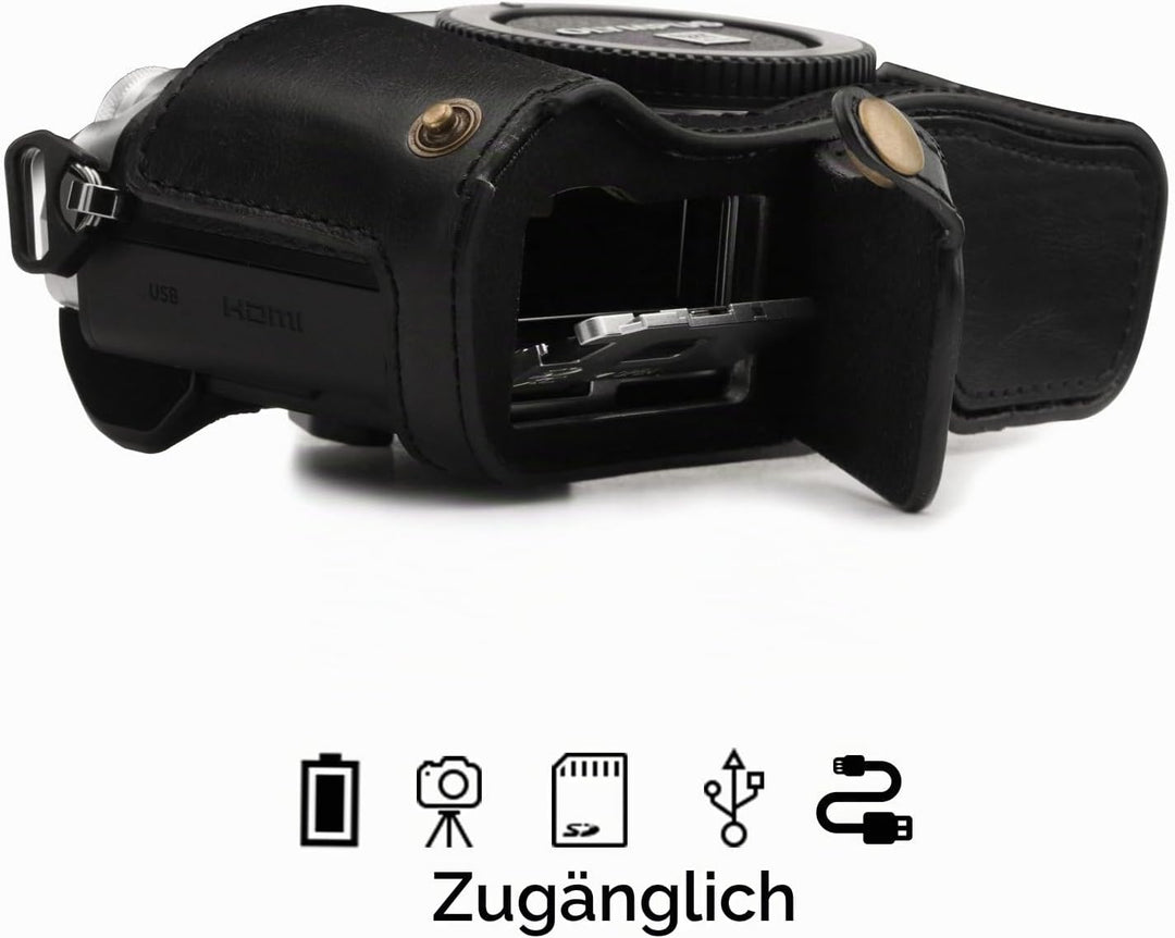 MegaGear Ever Ready Leder Kamera Halbtasche mit Trageriemen kompatibel mit Olympus OM-D E-M10 Mark I