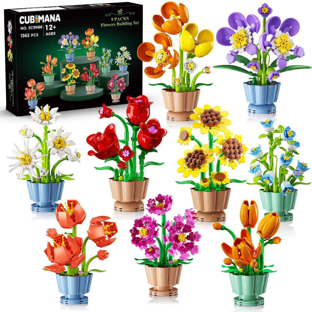9 Blumen Bausatz 3,6MM Mini Bausteine Botanicals Collection Bausteinspielzeug, Künstliche Blumenpfla