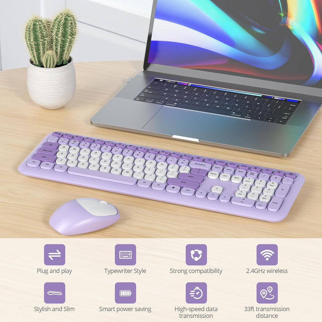 SOLIDEE Buntes kabellose Tastatur und Maus-Kombination,2.4GHz Retro Schreibmaschine Tastatur,104 Tas