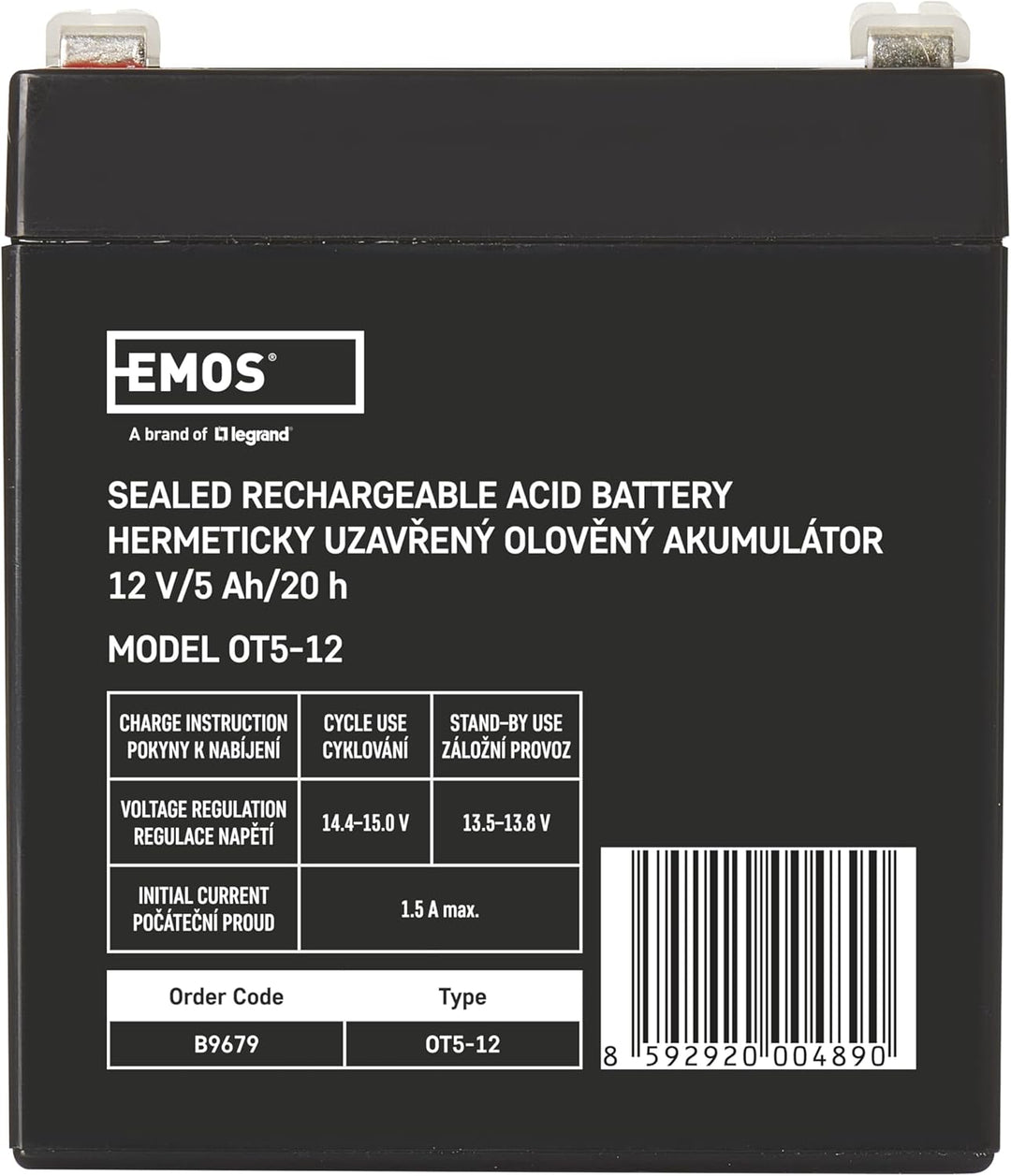 EMOS - Wartungsfreier Bleiakku - 12V 5Ah - AGM Batterie - Faston 6,3mm Anschluss - Für Alarmsysteme,