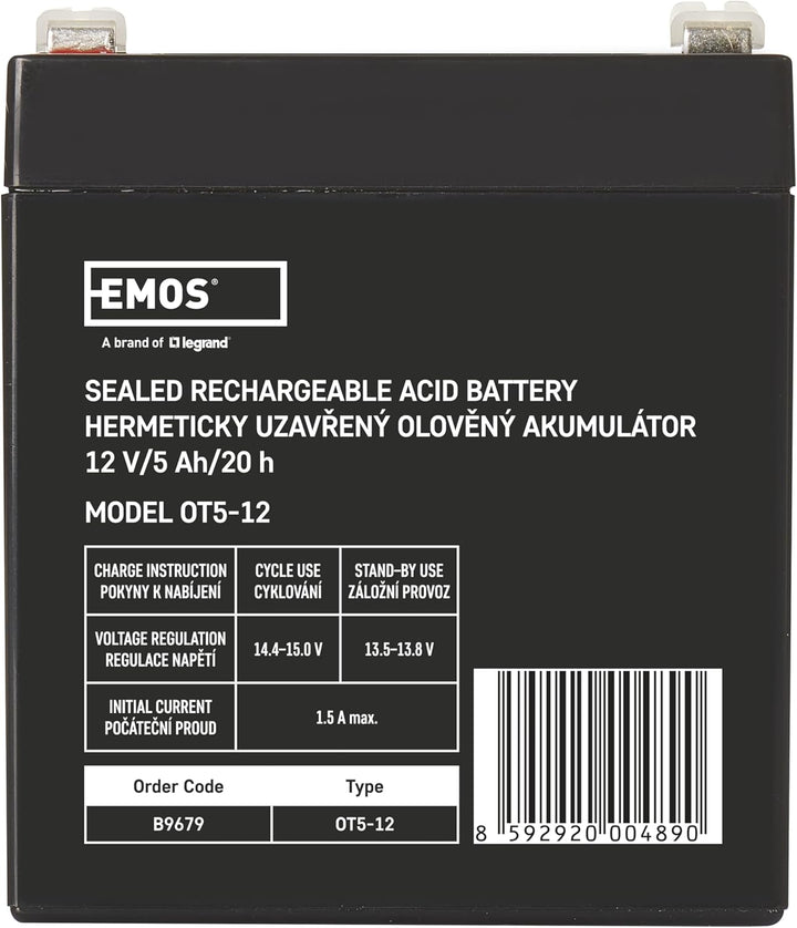 EMOS - Wartungsfreier Bleiakku - 12V 5Ah - AGM Batterie - Faston 6,3mm Anschluss - Für Alarmsysteme,