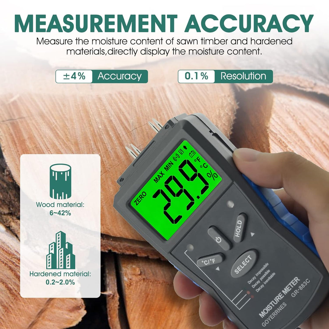 Feuchtigkeitsmessgerät,Pin Typ Digital Holzfeuchtemessgerät,GR-883C Handfeuchtesensor mit 3 farbigen