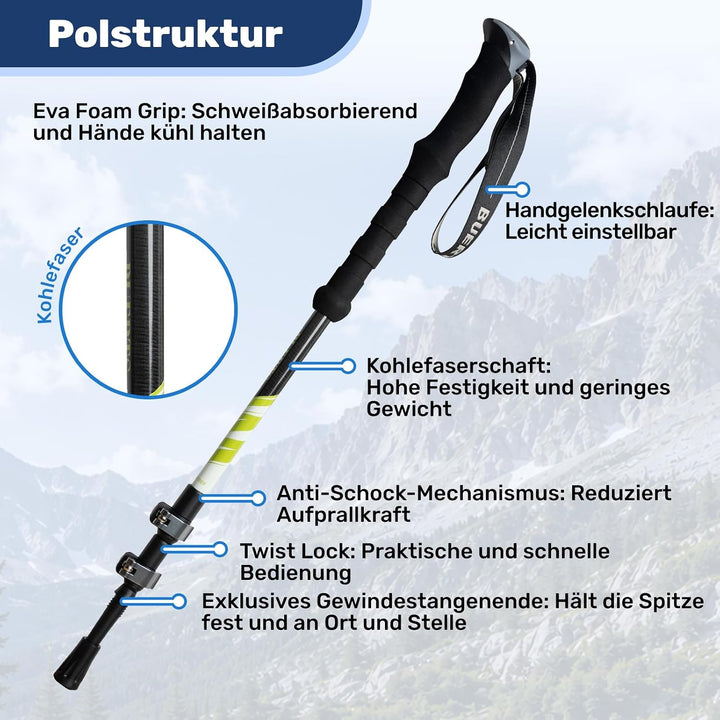 Carbon Trekkingstöcke 2er Set – Nordic Walking Stöcke Damen Herren, Wanderstöcke Teleskop Faltbar, U