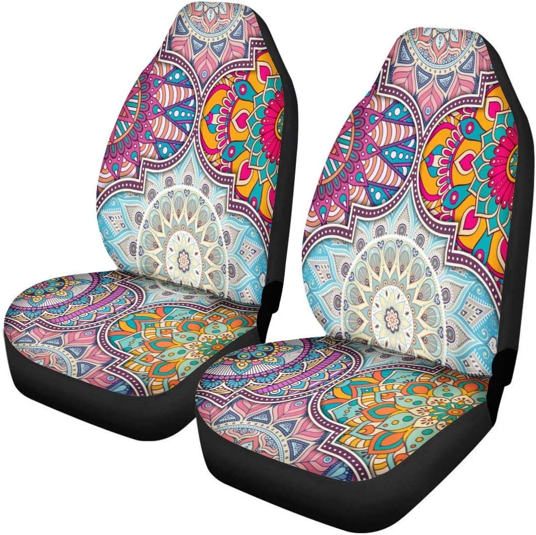 Binienty Dekorative Autositzbezüge für Vordersitze, 2er-Set, buntes Mandala-Blumenmuster, Boho-Stil,
