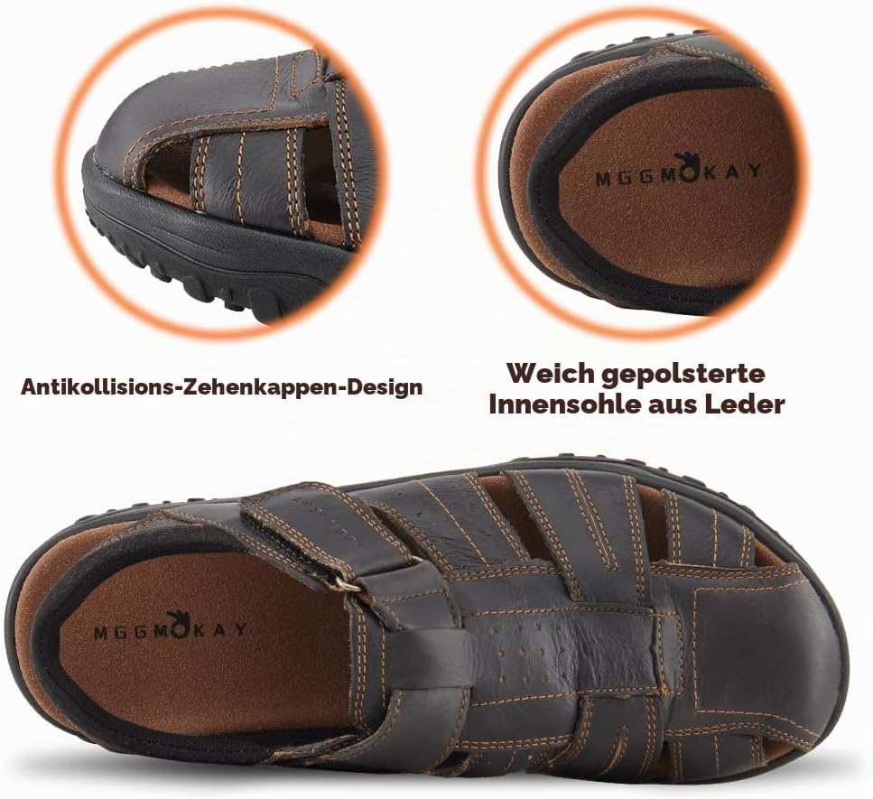 MGGMOKAY Herren Leder Sandalen Fisherman Closed Toe Outdoor Sandales 42 EU Schwarz, 42 EU Schwarz