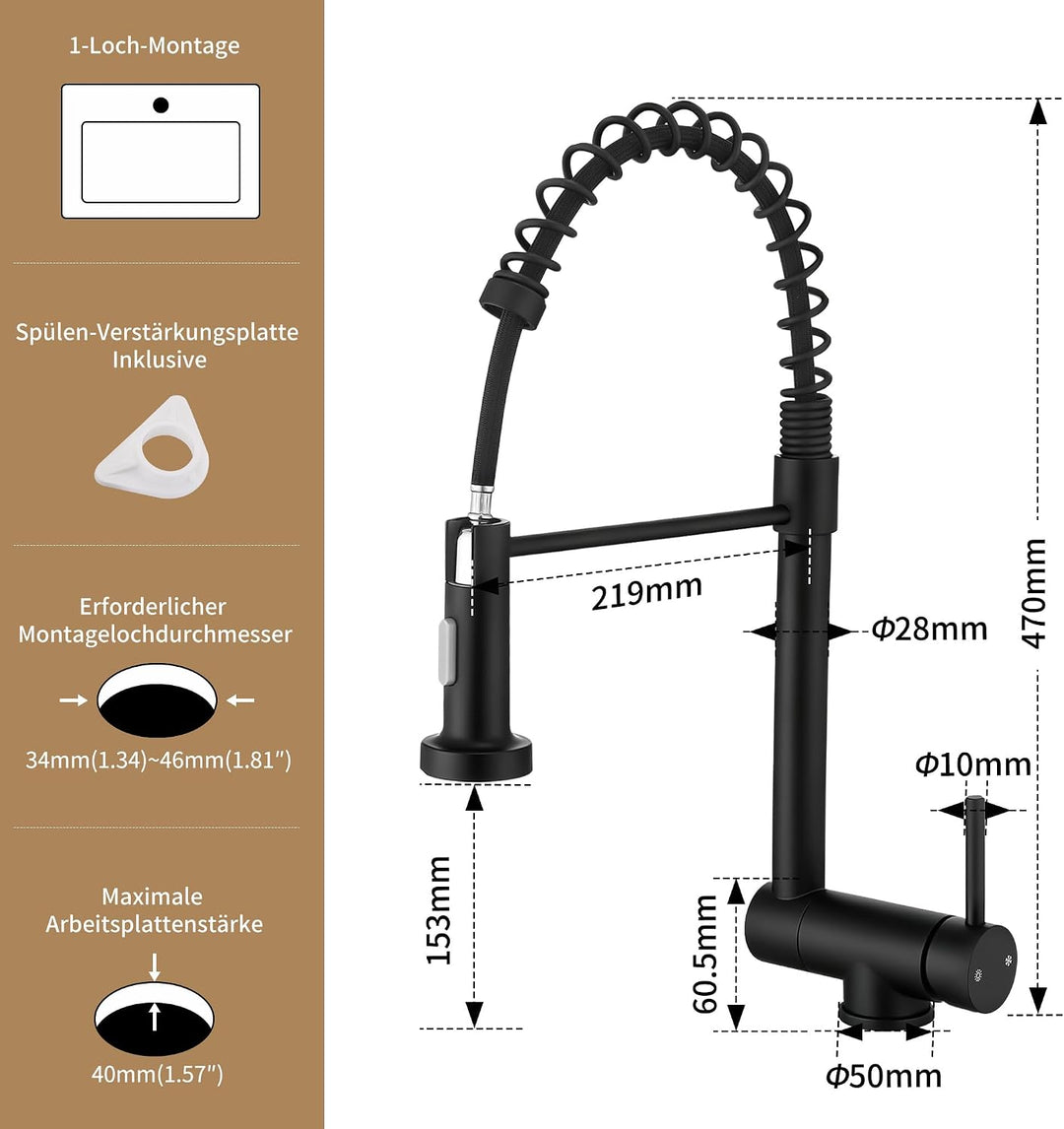 HOMELODY Wasserhahn Küche Schwarz Ausziehbar für Vorfenster, Schwarz