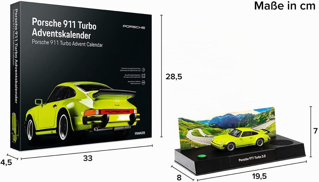 FRANZIS 55109 - Porsche 911 Turbo Adventskalender lichtgrün, Metall Modellbausatz im Massstab 1:43,