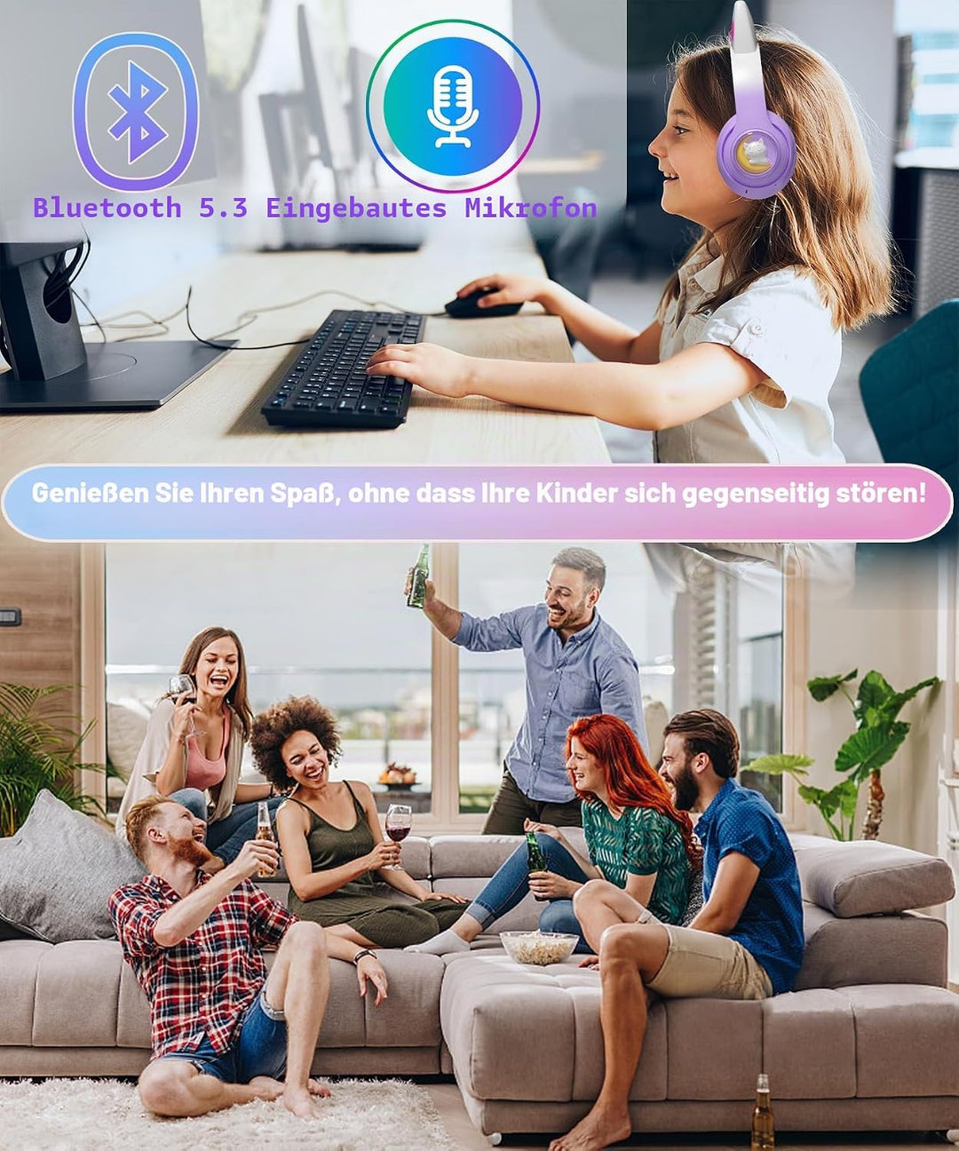 Kopfhörer Kinder Kinderkopfhörer, Kinderkopfhörer Bluetooth 5.3, Faltbare Kopfhörer Over Ear mit LED