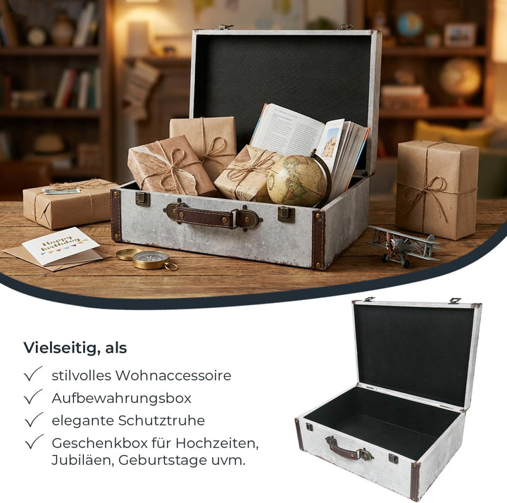 HMF Vintage Deko Koffer aus Holz, Aufbewahrungsbox mit Deckel und Ledergriff, stilvolle Aufbewahrung