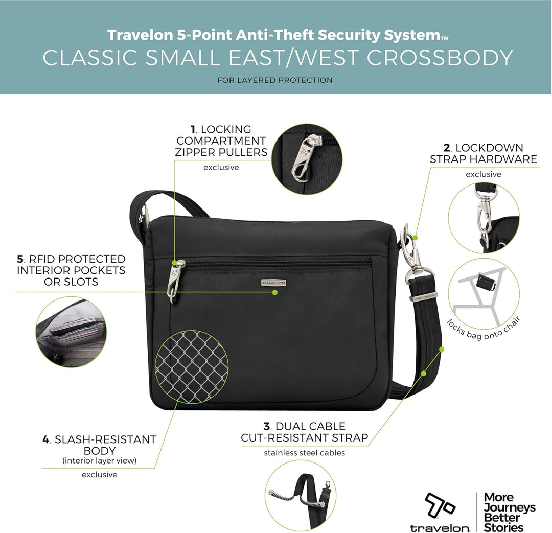 Travelon Uni Anti-Theft Classic Small East/West Crossbody Umhängetasche, 10.5 x 8 x 2.5 Schwarz