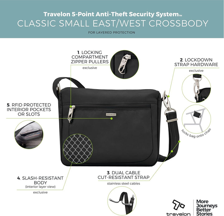 Travelon Uni Anti-Theft Classic Small East/West Crossbody Umhängetasche, 10.5 x 8 x 2.5 Schwarz