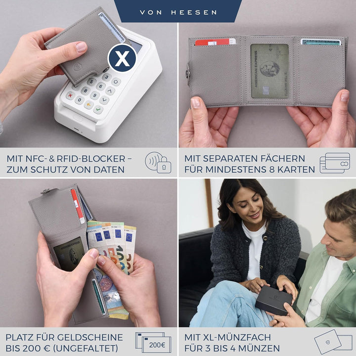 VON HEESEN Slim Wallet mit XL Münzfach Grau Grau XL MÜNZFACH (Kartenslot), Grau XL MÜNZFACH (Kartens