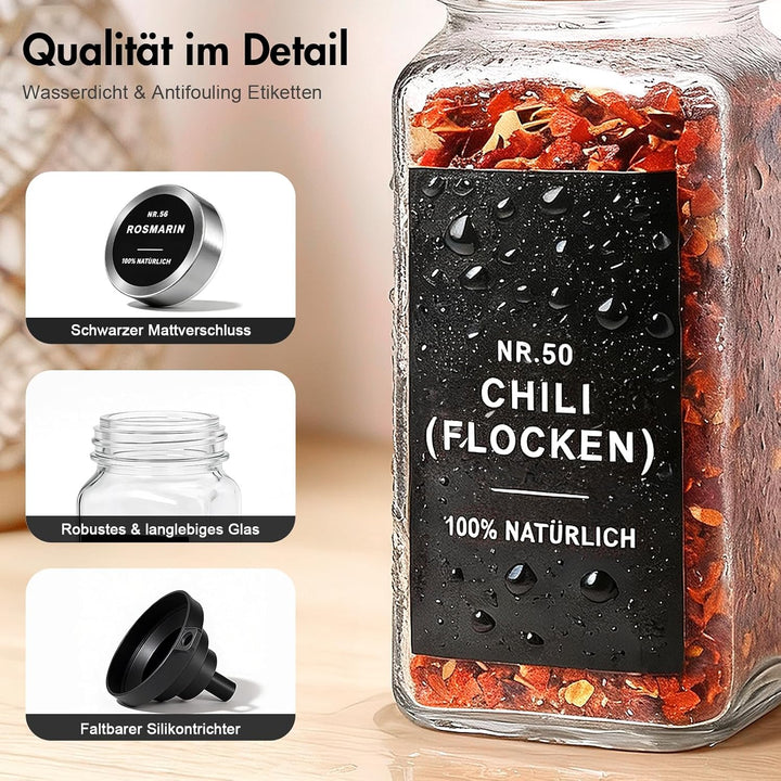 Gewürzgläser eckig mit Edelstahl Deckel Set 24er :120 ml Gewürzdosen Glas mit Etiketten & Streueinsa