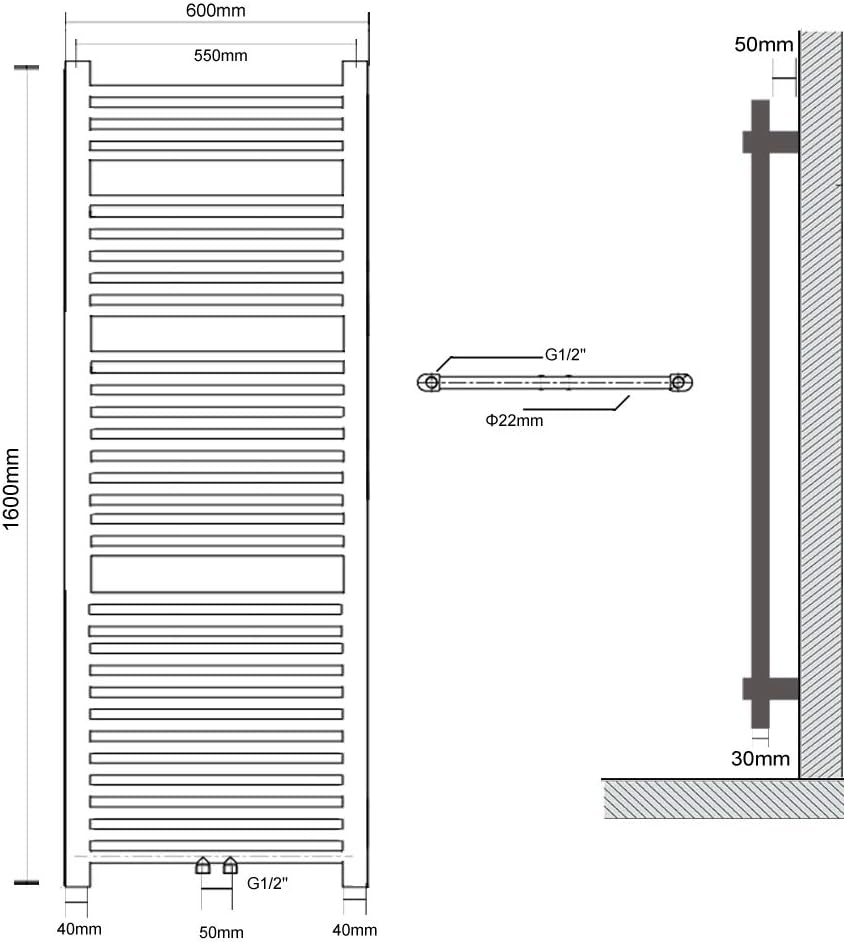 S SIENOC 600 x 1600 mm Anthrazit mittelanschluss Badheizkörper handtuchhalter Heizkörper Handtuchwär