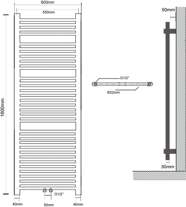 S SIENOC 600 x 1600 mm Anthrazit mittelanschluss Badheizkörper handtuchhalter Heizkörper Handtuchwär