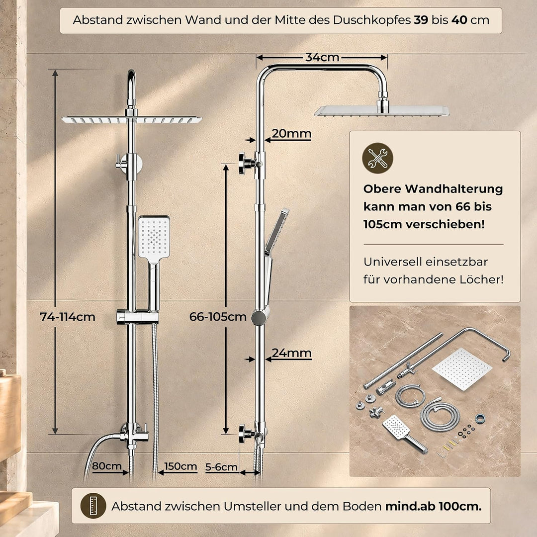 JOHO Duschset ohne Armatur, chrom, Edelstahl Duschsystem, Regendusche set, Überkopfbrause set, Dusch