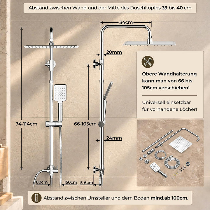 JOHO Duschset ohne Armatur, chrom, Edelstahl Duschsystem, Regendusche set, Überkopfbrause set, Dusch