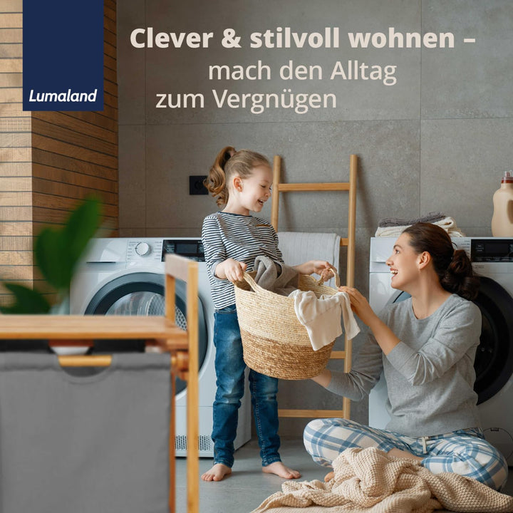 Lumaland Wäschekorb Bambus mit 2 ausziehbaren Wäschesäcken | Pflegeleichtes Material, unempfindlich