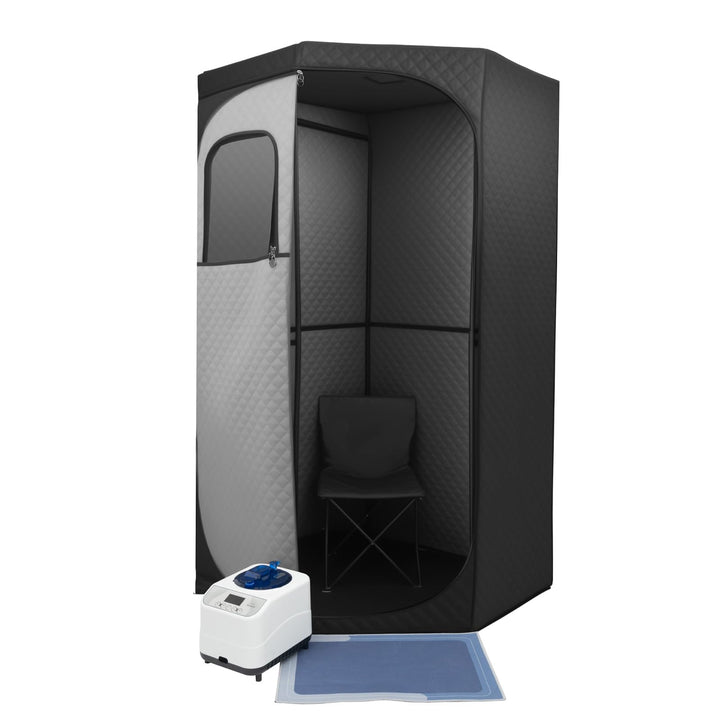 Dampfsauna Set | 5-eckiges Zelt 180 cm hoch | 1350W Dampfer mit 9 Heizstufen | Inkl. Klappstuhl &amp; Ma
