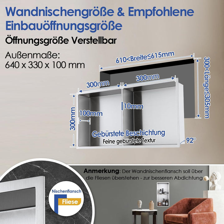 ROVOGO 60 x 30 x 10 cm Eingebettete Doppel-Duschnische Lagerung für Bad, Wandnische Dusche Edelstahl
