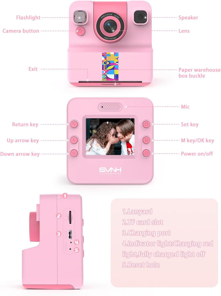 Kinder Sofortbildkamera, 1080p Sofortdruck Kamera für Kinder, 180° drehbares Selfie Objektiv mit 32G
