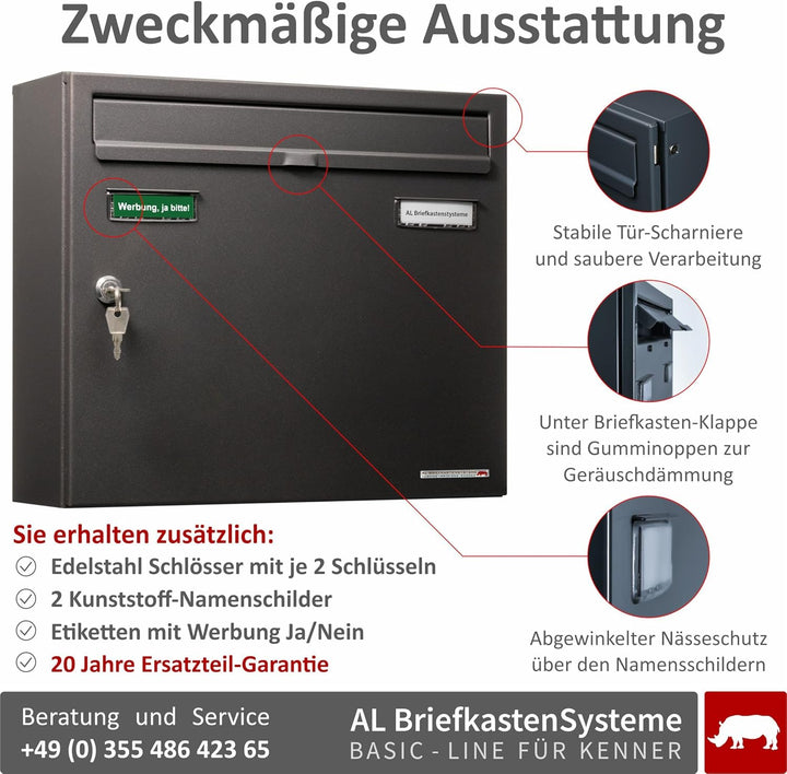 AL Briefkastensysteme Basic 3er Briefkasten DB 703 Eisenglimmer Grau 3 Fach DIN A4 wetterfest Briefk