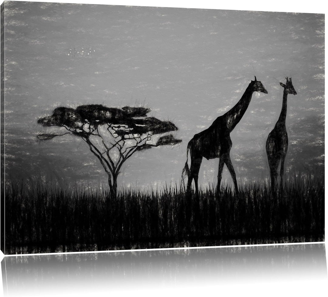 Pixxprint Giraffen im Sonnenuntergang als Leinwandbild/Grösse: 100x70 cm/Wandbild/Kunstdruck/fertig