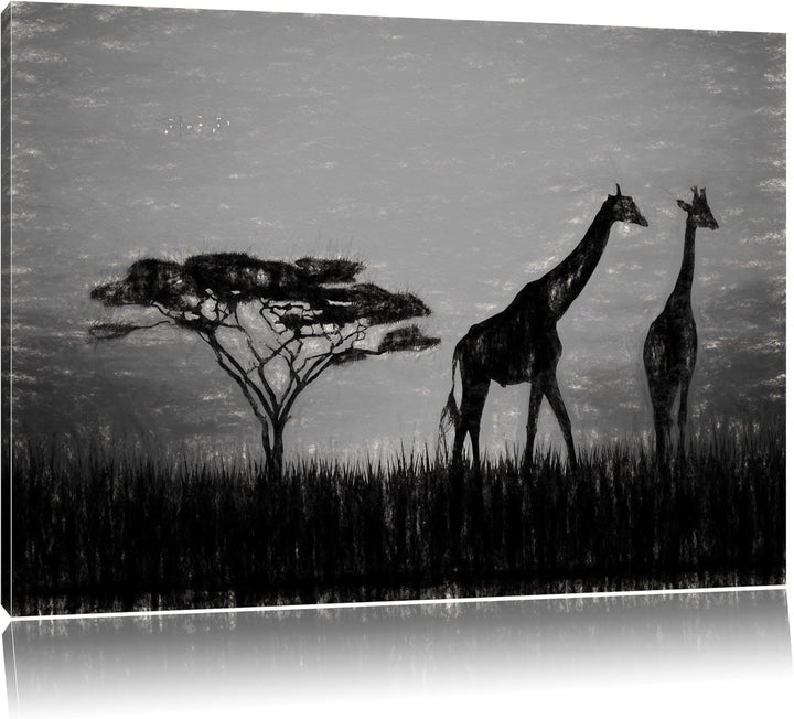 Pixxprint Giraffen im Sonnenuntergang als Leinwandbild/Grösse: 100x70 cm/Wandbild/Kunstdruck/fertig