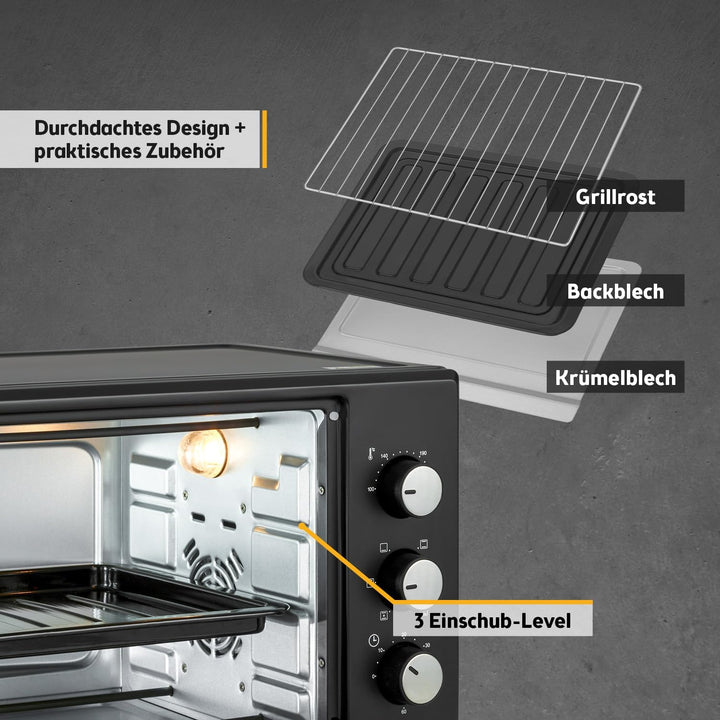 TZS First Austria - 30 Liter Minibackofen mit 1600 Watt schwarz| Unter-Oberhitze bis 230 Grad stufen