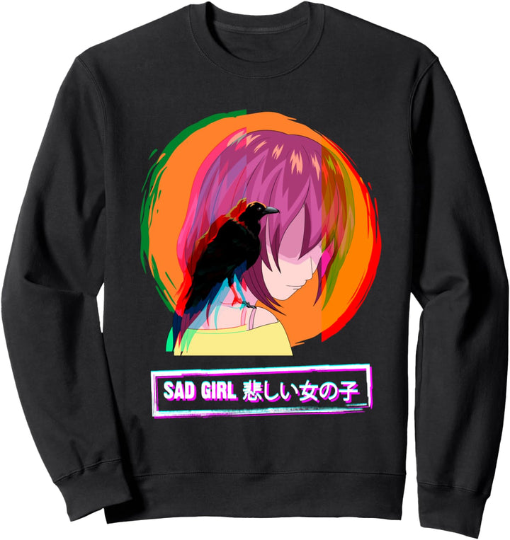 Sad Anime Girl Japanisch Vaporwave Kanji Rabe Krähe Sweatshirt