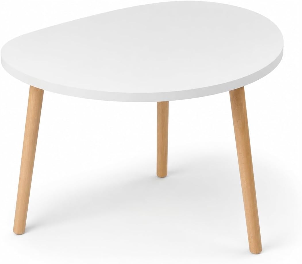PlayPals Couchtisch Weiss 60x40 Oval Organisch – Skandinavischer Wohnzimmertisch Holzbeine, Kleiner